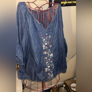 Denim Embroidered V-Neck Tunic Top - Blue